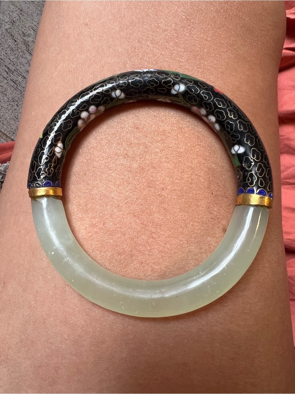 Absolutely Gorgeous Black Floral Cloisonné and Pale Green Jade Bracelet